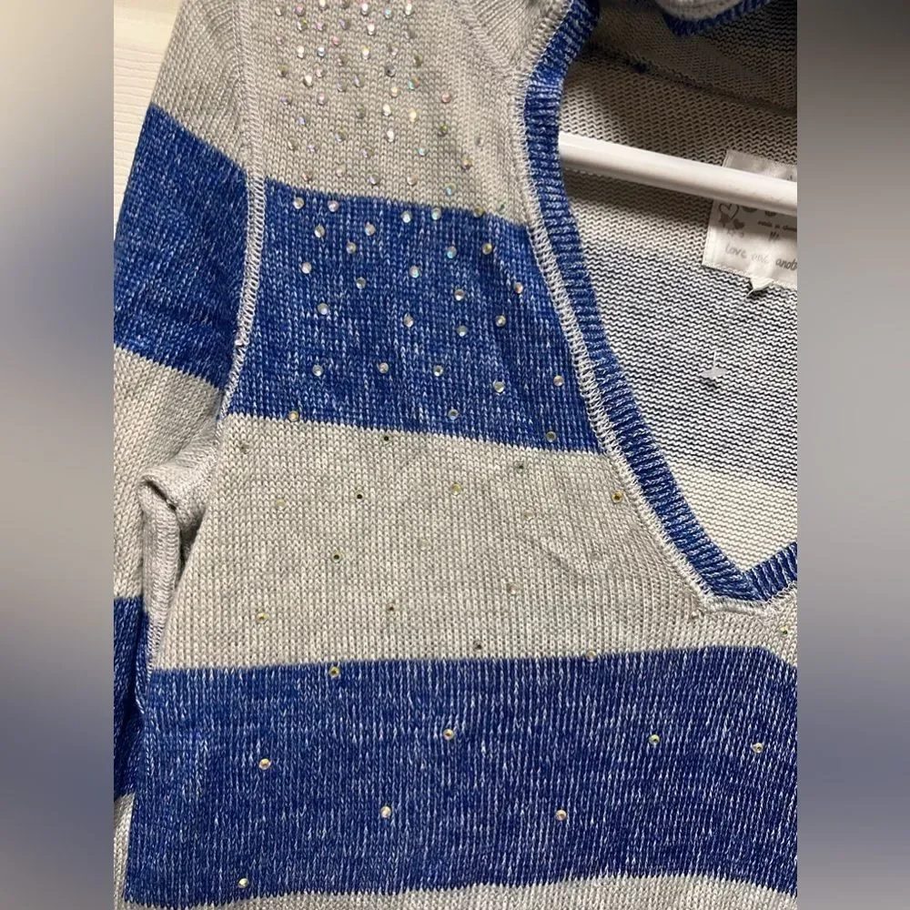 Justice‎ Girls Blue Gray Striped Rhinestone V-Neck Hoodie Sweater Size 14